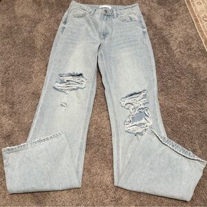 Women's Light Blue Ripped Straight Leg Jeans